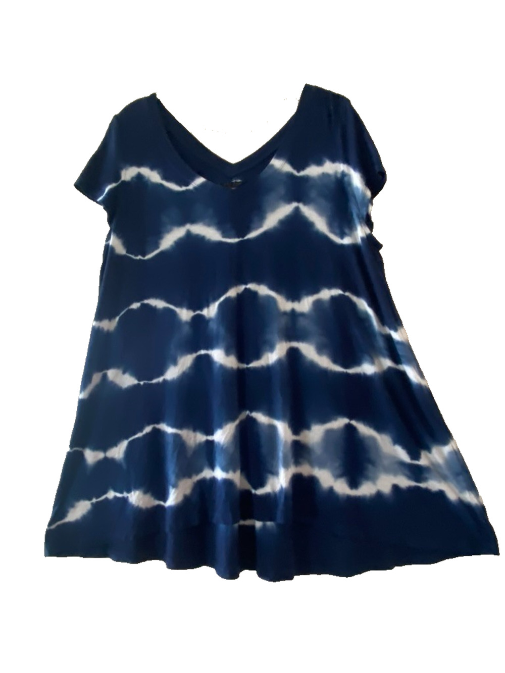 MAX JEANS Tie-Dye Stretch BoHo Tunic T Shirt Size L Indigo Blue White Art Hi Low